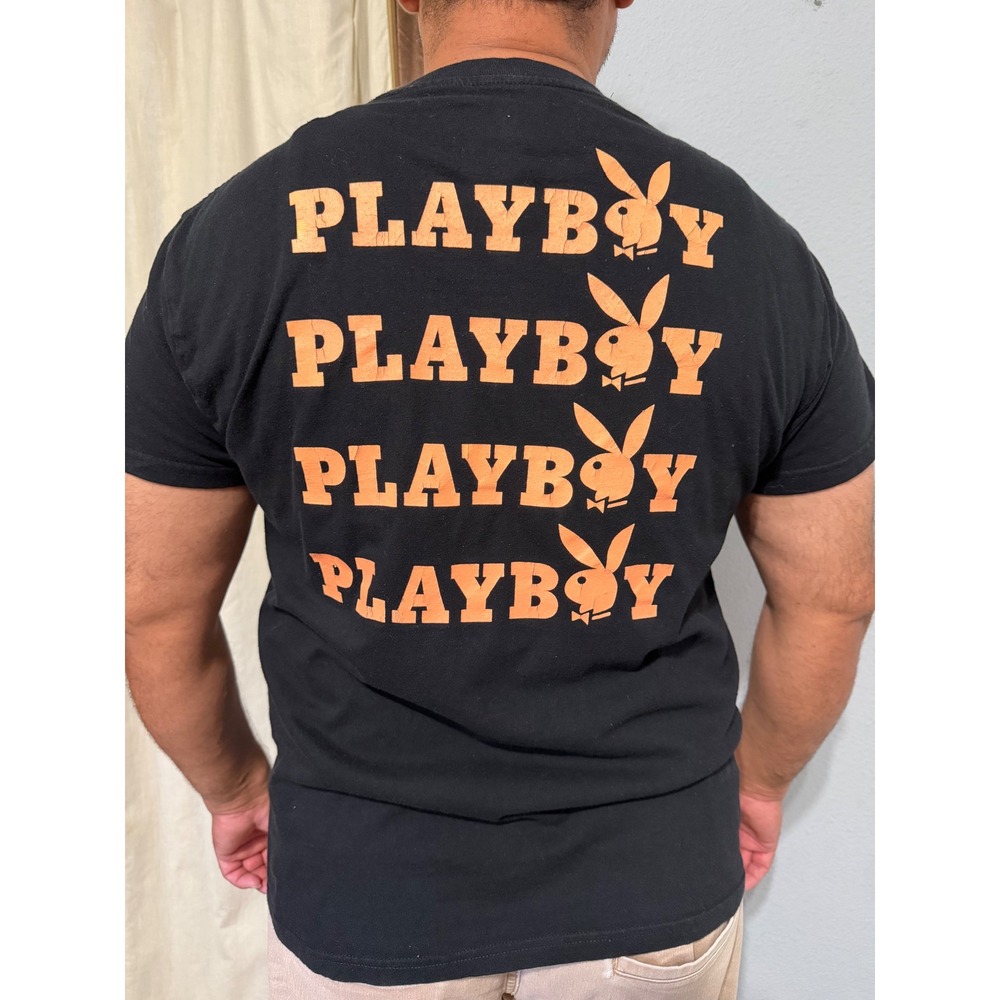 Playboy Mens XL T-Shirt Black Orange Graphic Logo Short Sleeve Cotton Bunny Bold